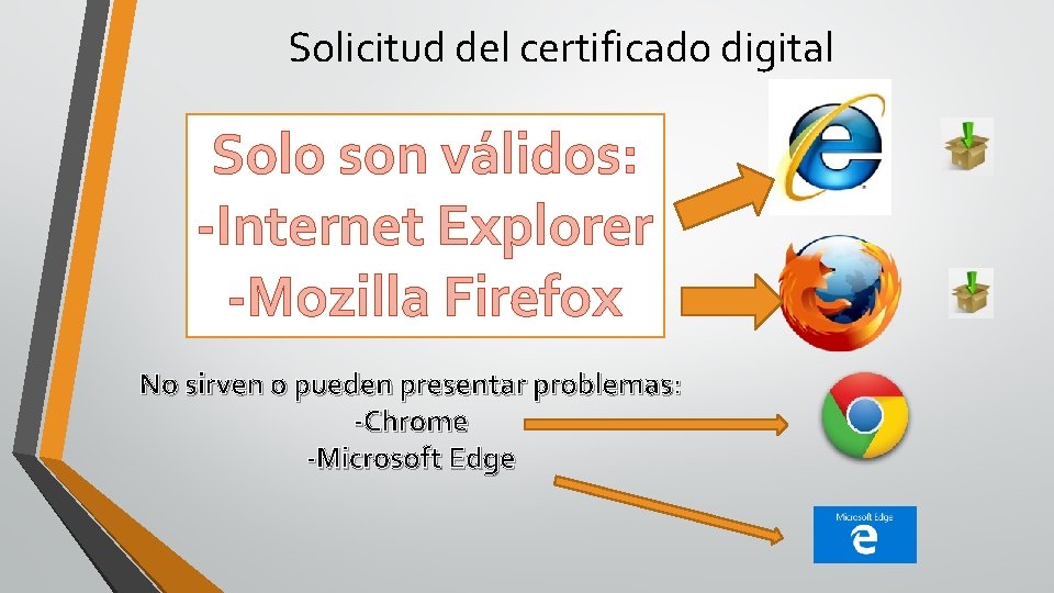 Solicitud del certificado digital Solo son válidos: -Internet Explorer -Mozilla Firefox No sirven o