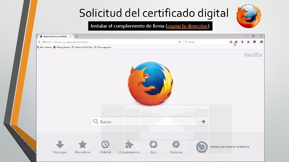 Solicitud del certificado digital Instalar el complemento de firma (copiar la dirección) 