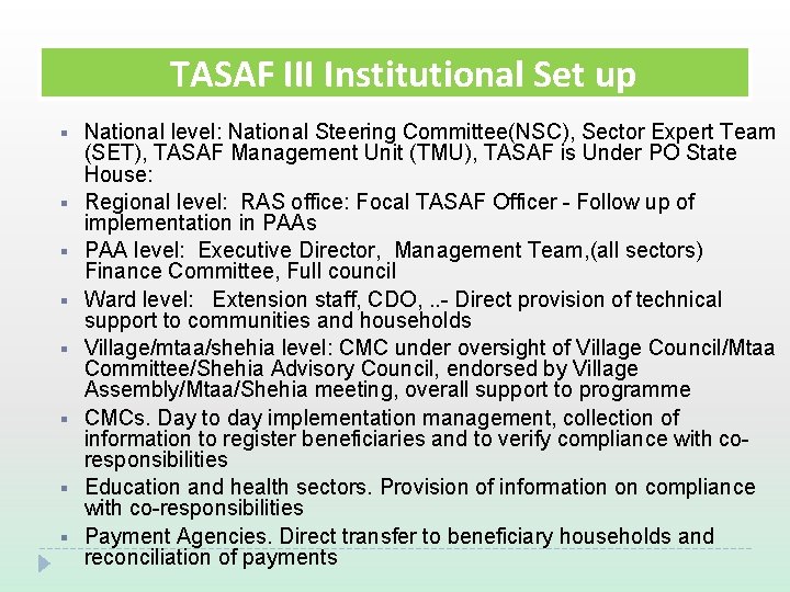 TASAF III Institutional Set up § § § § National level: National Steering Committee(NSC),