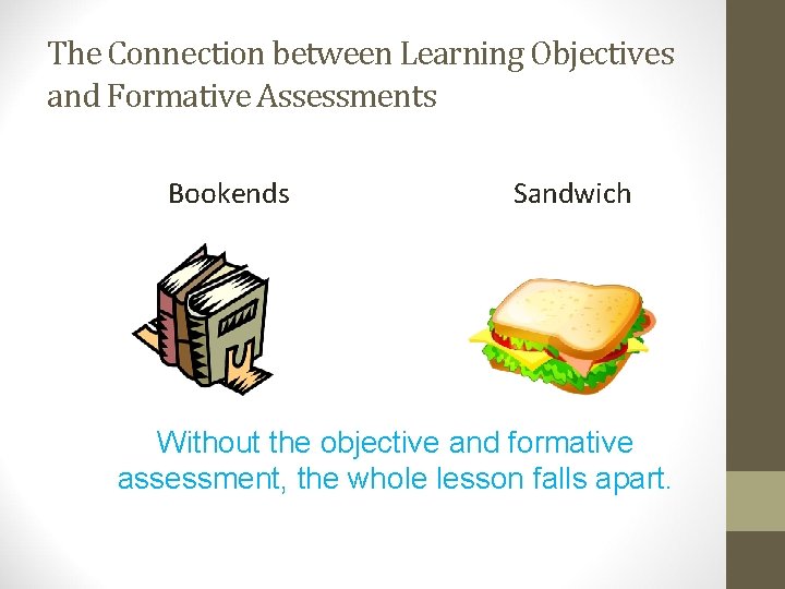 The Connection between Learning Objectives and Formative Assessments Bookends Sandwich Without the objective and