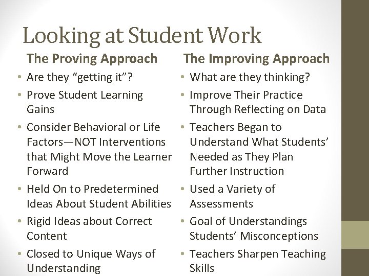 Looking at Student Work The Proving Approach The Improving Approach • Are they “getting