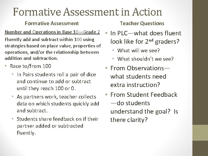 Formative Assessment in Action Formative Assessment Teacher Questions Number and Operations in Base 10—Grade