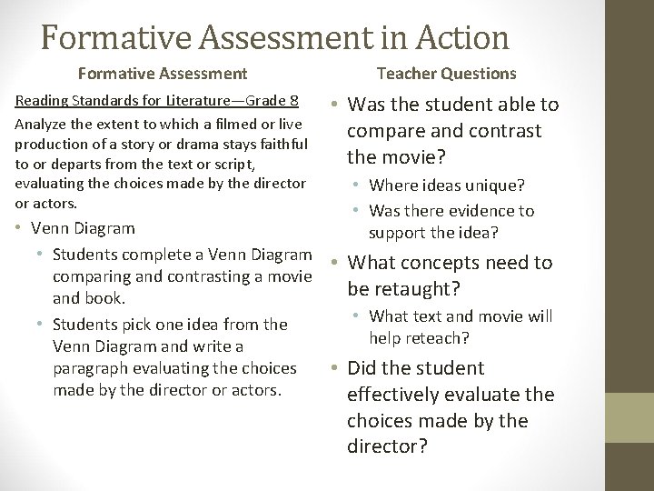 Formative Assessment in Action Formative Assessment Teacher Questions Reading Standards for Literature—Grade 8 Analyze