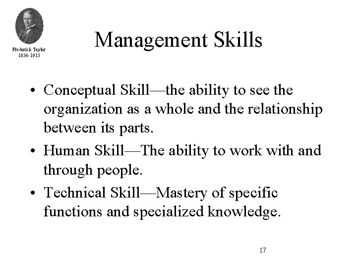 Frederick Taylor 1856 -1915 Management Skills • Conceptual Skill—the ability to see the organization