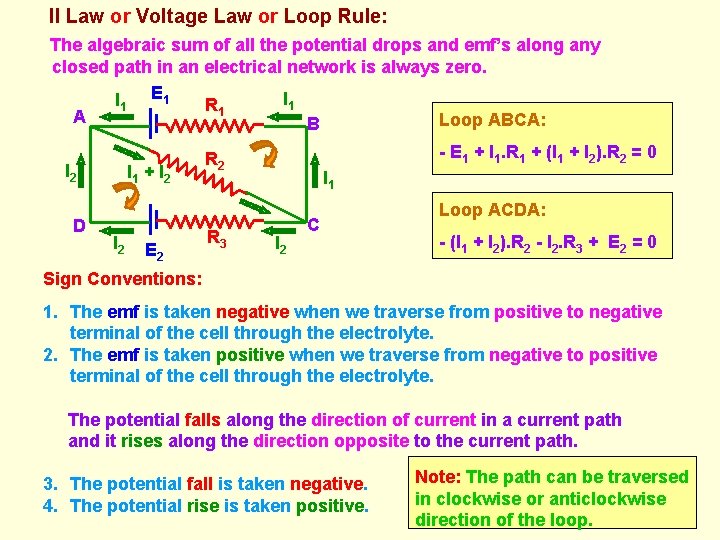 II Law or Voltage Law or Loop Rule: The algebraic sum of all the