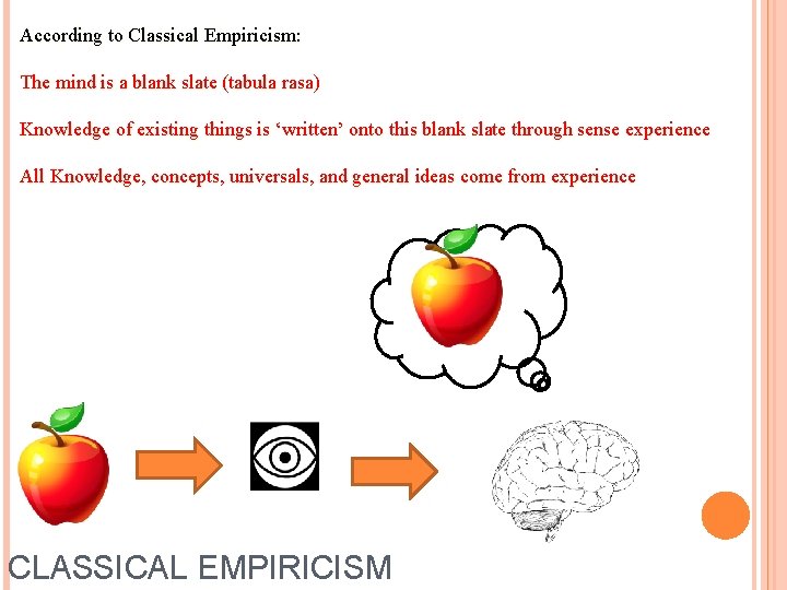 According to Classical Empiricism: The mind is a blank slate (tabula rasa) Knowledge of