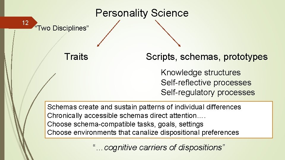 Personality Science 12 “Two Disciplines” Traits Scripts, schemas, prototypes Knowledge structures Self-reflective processes Self-regulatory