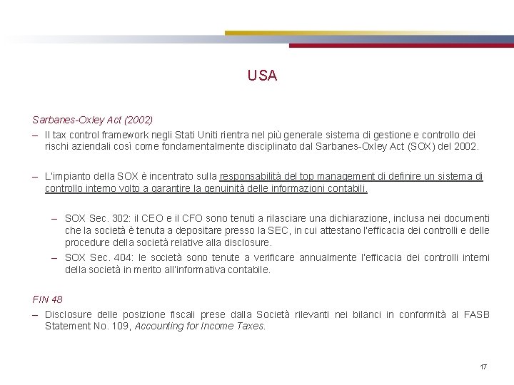 USA Sarbanes-Oxley Act (2002) – Il tax control framework negli Stati Uniti rientra nel