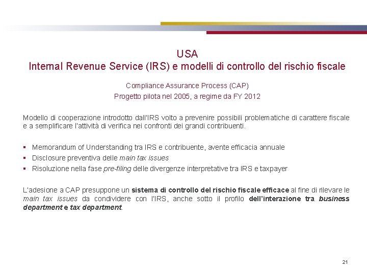 USA Internal Revenue Service (IRS) e modelli di controllo del rischio fiscale Compliance Assurance