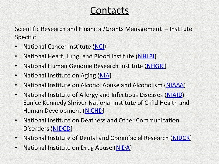 Contacts Scientific Research and Financial/Grants Management – Institute Specific • National Cancer Institute (NCI)