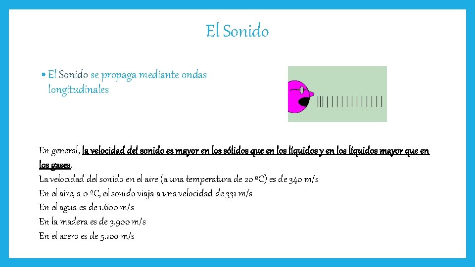 El Sonido • El Sonido se propaga mediante ondas longitudinales En general, la velocidad