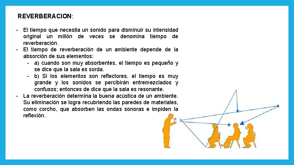 REVERBERACION: - El tiempo que necesita un sonido para disminuir su intensidad original un