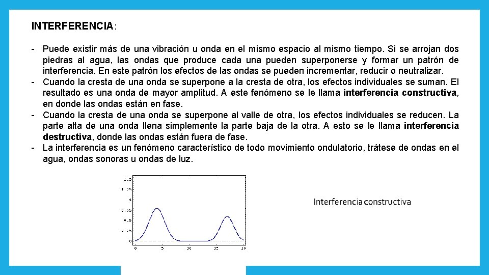 INTERFERENCIA: - Puede existir más de una vibración u onda en el mismo espacio