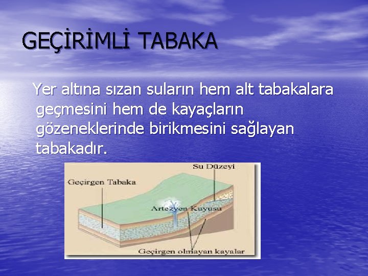 GEÇİRİMLİ TABAKA Yer altına sızan suların hem alt tabakalara geçmesini hem de kayaçların gözeneklerinde