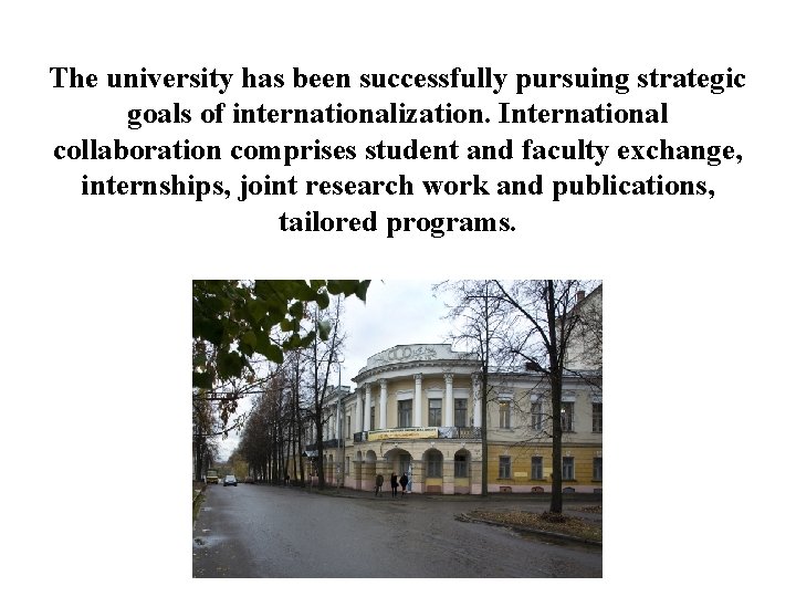 The university has been successfully pursuing strategic goals of internationalization. International collaboration comprises student