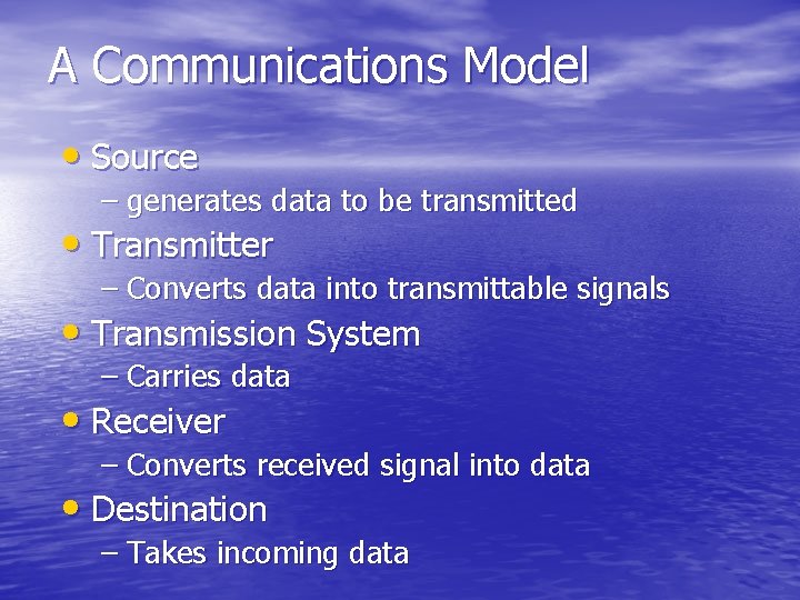 A Communications Model • Source – generates data to be transmitted • Transmitter –