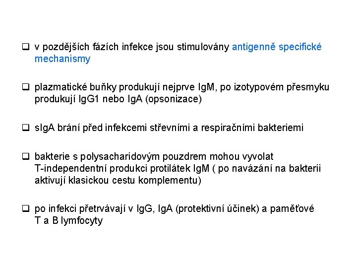 q v pozdějších fázích infekce jsou stimulovány antigenně specifické mechanismy q plazmatické buňky produkují q v pozdějších fázích infekce jsou stimulovány antigenně specifické mechanismy q plazmatické buňky produkují