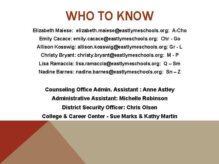 WHO TO KNOW Elizabeth Maiese: elizabeth. maiese@eastlymeschools. org: A-Cho Emily Cacace: emily. cacace@eastlymeschools. org: