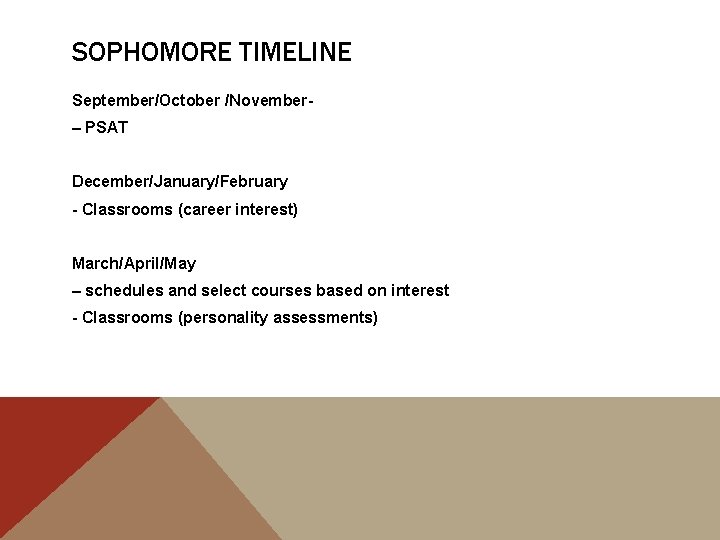 SOPHOMORE TIMELINE September/October /November– PSAT December/January/February - Classrooms (career interest) March/April/May – schedules and