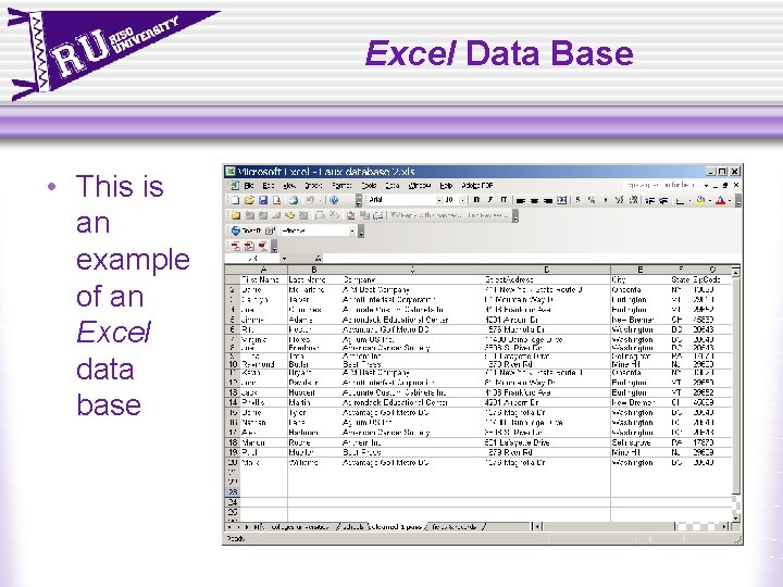 Excel Data Base • This is an example of an Excel data base Excel Data Base • This is an example of an Excel data base