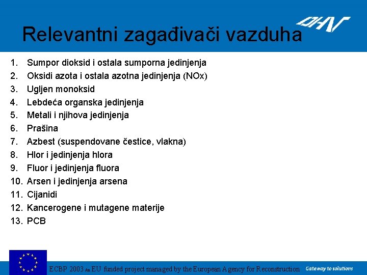 Relevantni zagađivači vazduha 1. 2. 3. 4. 5. 6. 7. 8. 9. 10. 11.