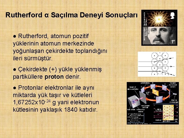 Rutherford α Saçılma Deneyi Sonuçları ● Rutherford, atomun pozitif yüklerinin atomun merkezinde yoğunlaşan çekirdekte