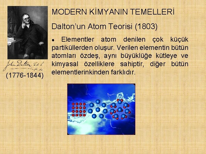 MODERN KİMYANIN TEMELLERİ Dalton’un Atom Teorisi (1803) Elementler atom denilen çok küçük partiküllerden oluşur.