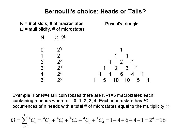 Bernoulli's choice: Heads or Tails? N = # of slots, # of macrostates =