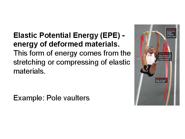 Elastic Potential Energy (EPE) energy of deformed materials. This form of energy comes from