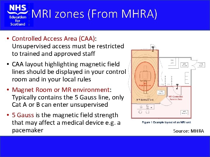 MRI zones (From MHRA) • Controlled Access Area (CAA): Unsupervised access must be restricted