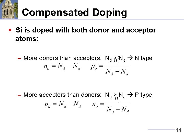 Compensated Doping § Si is doped with both donor and acceptor atoms: – More Compensated Doping § Si is doped with both donor and acceptor atoms: – More