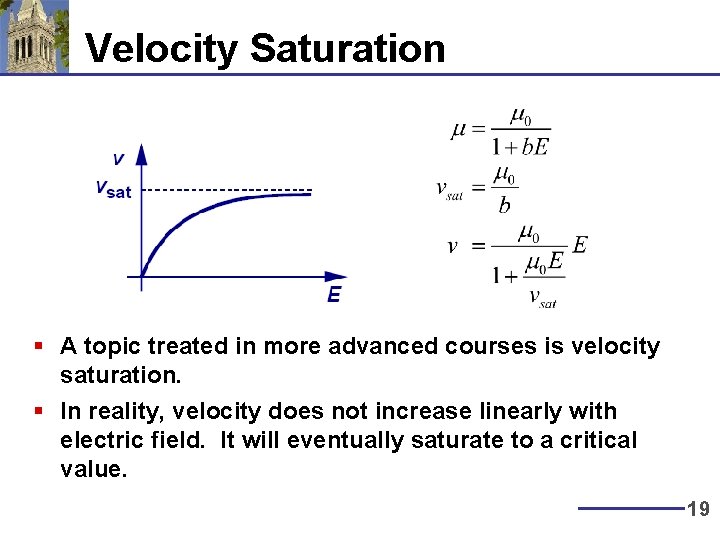 Velocity Saturation § A topic treated in more advanced courses is velocity saturation. § Velocity Saturation § A topic treated in more advanced courses is velocity saturation. §
