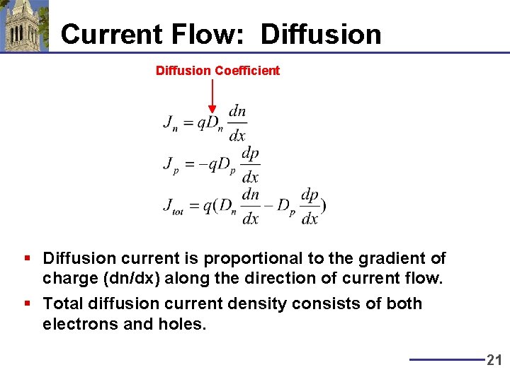 Current Flow: Diffusion Coefficient § Diffusion current is proportional to the gradient of charge Current Flow: Diffusion Coefficient § Diffusion current is proportional to the gradient of charge