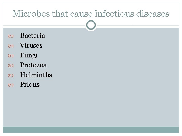 Microbes that cause infectious diseases Bacteria Viruses Fungi Protozoa Helminths Prions 