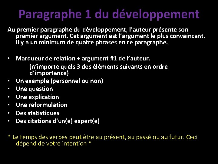 Paragraphe 1 du développement Au premier paragraphe du développement, l’auteur présente son premier argument.