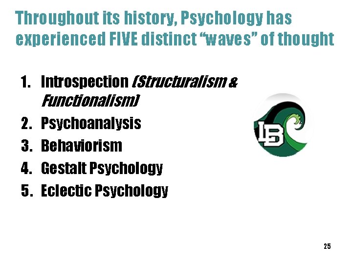 Throughout its history, Psychology has experienced FIVE distinct “waves” of thought 1. Introspection (Structuralism Throughout its history, Psychology has experienced FIVE distinct “waves” of thought 1. Introspection (Structuralism