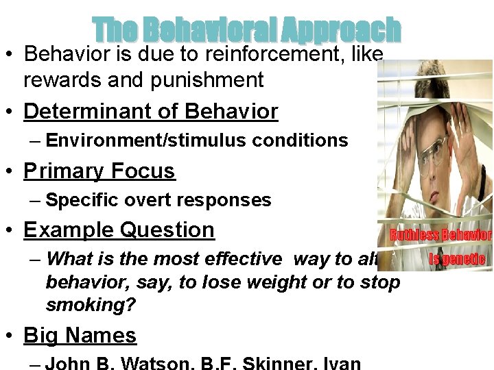 The Behavioral Approach • Behavior is due to reinforcement, like rewards and punishment • The Behavioral Approach • Behavior is due to reinforcement, like rewards and punishment •