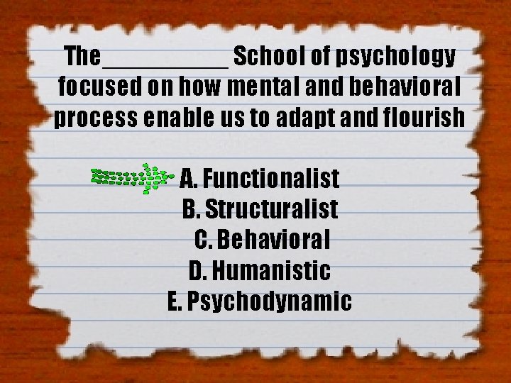 The_____ School of psychology focused on how mental and behavioral process enable us to The_____ School of psychology focused on how mental and behavioral process enable us to