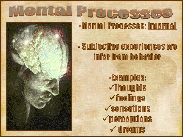 • Mental Processes: Internal • Subjective experiences we infer from behavior • Examples: • Mental Processes: Internal • Subjective experiences we infer from behavior • Examples: