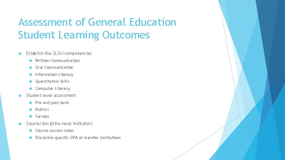 Assessment of General Education Student Learning Outcomes Establish the SLOs/competencies Written Communication Oral Communication