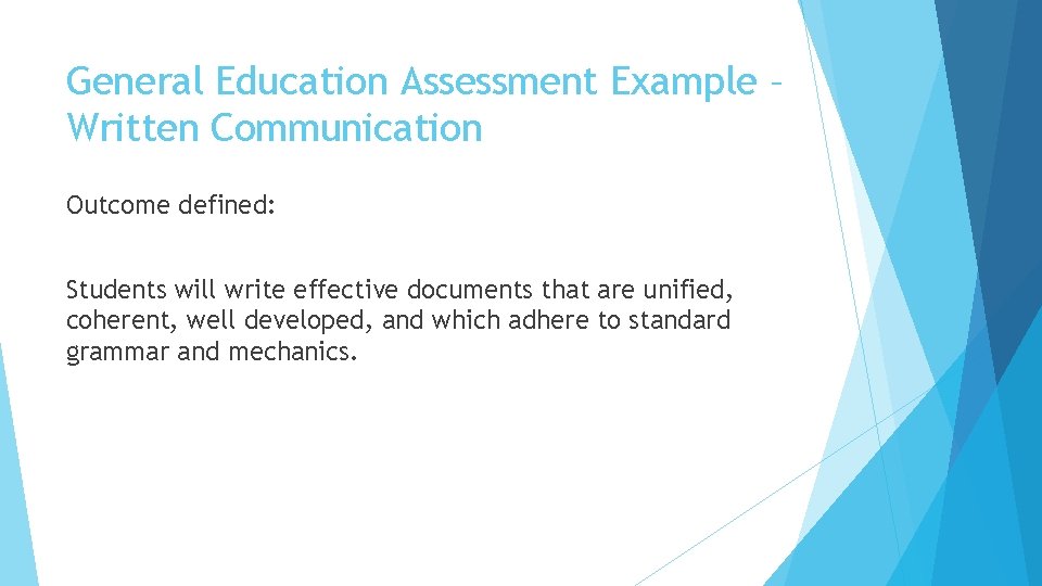 General Education Assessment Example – Written Communication Outcome defined: Students will write effective documents
