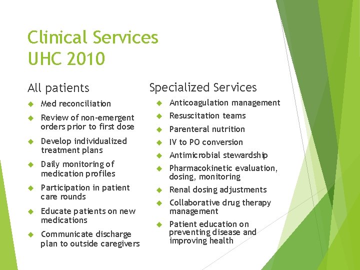 Clinical Services UHC 2010 All patients Specialized Services Med reconciliation Anticoagulation management Review of