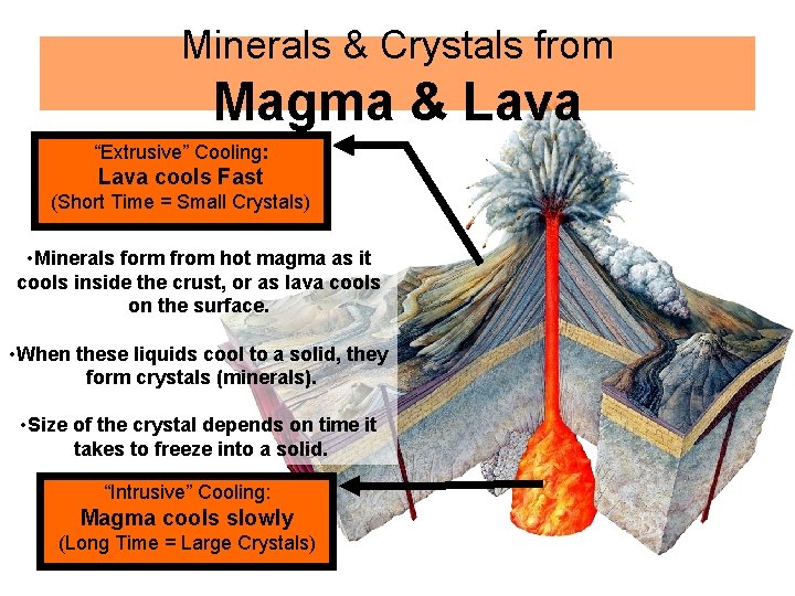 Minerals & Crystals from Magma & Lava “Extrusive” Cooling: Lava cools Fast (Short Time