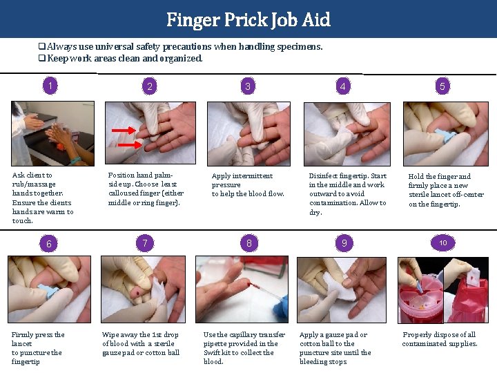 Finger Prick Job Aid q Always use universal safety precautions when handling specimens. q
