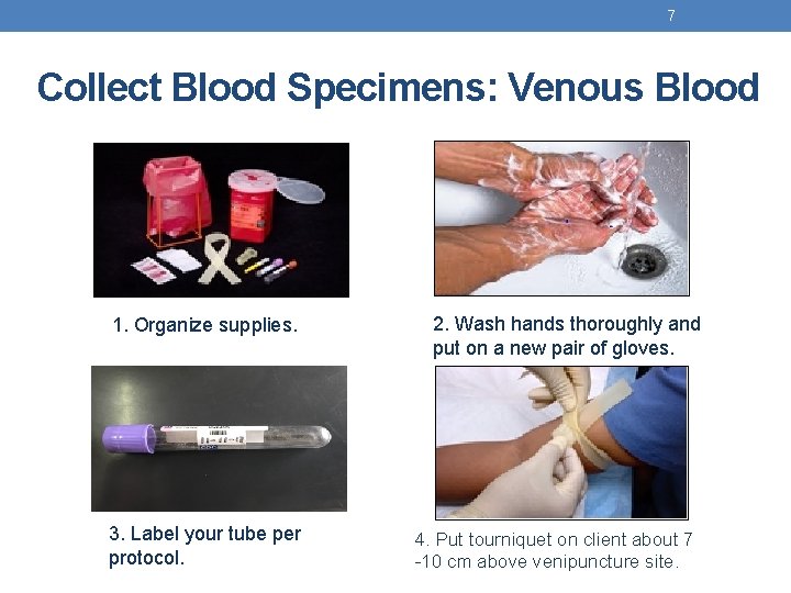 7 Collect Blood Specimens: Venous Blood 1. Organize supplies. 3. Label your tube per