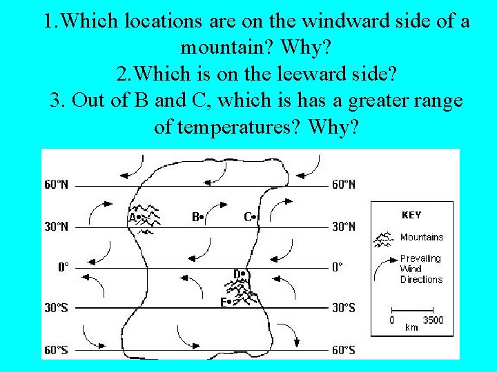 1. Which locations are on the windward side of a mountain? Why? 2. Which