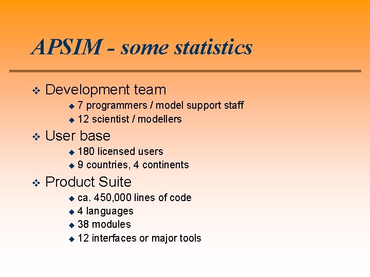 APSIM - some statistics v Development team 7 programmers / model support staff u