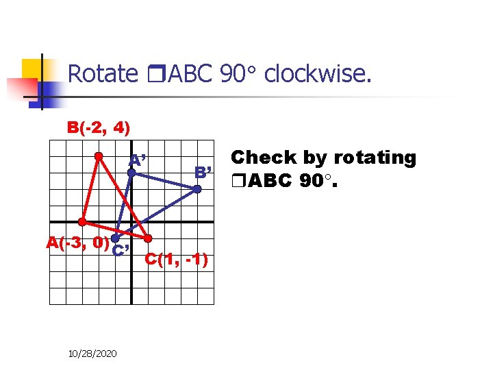 Rotate ABC 90 clockwise. B(-2, 4) A’ B’ A(-3, 0) C’ C(1, -1) 10/28/2020