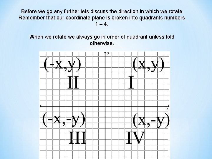 Before we go any further lets discuss the direction in which we rotate. Remember