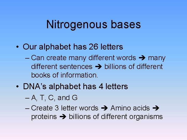 Nitrogenous bases • Our alphabet has 26 letters – Can create many different words